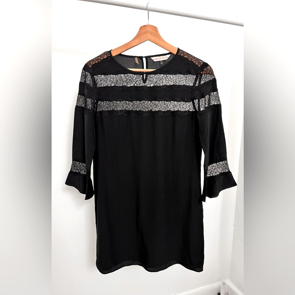 Rebecca Taylor 100% Silk Dress with Lace Long Sleeves Black size 4